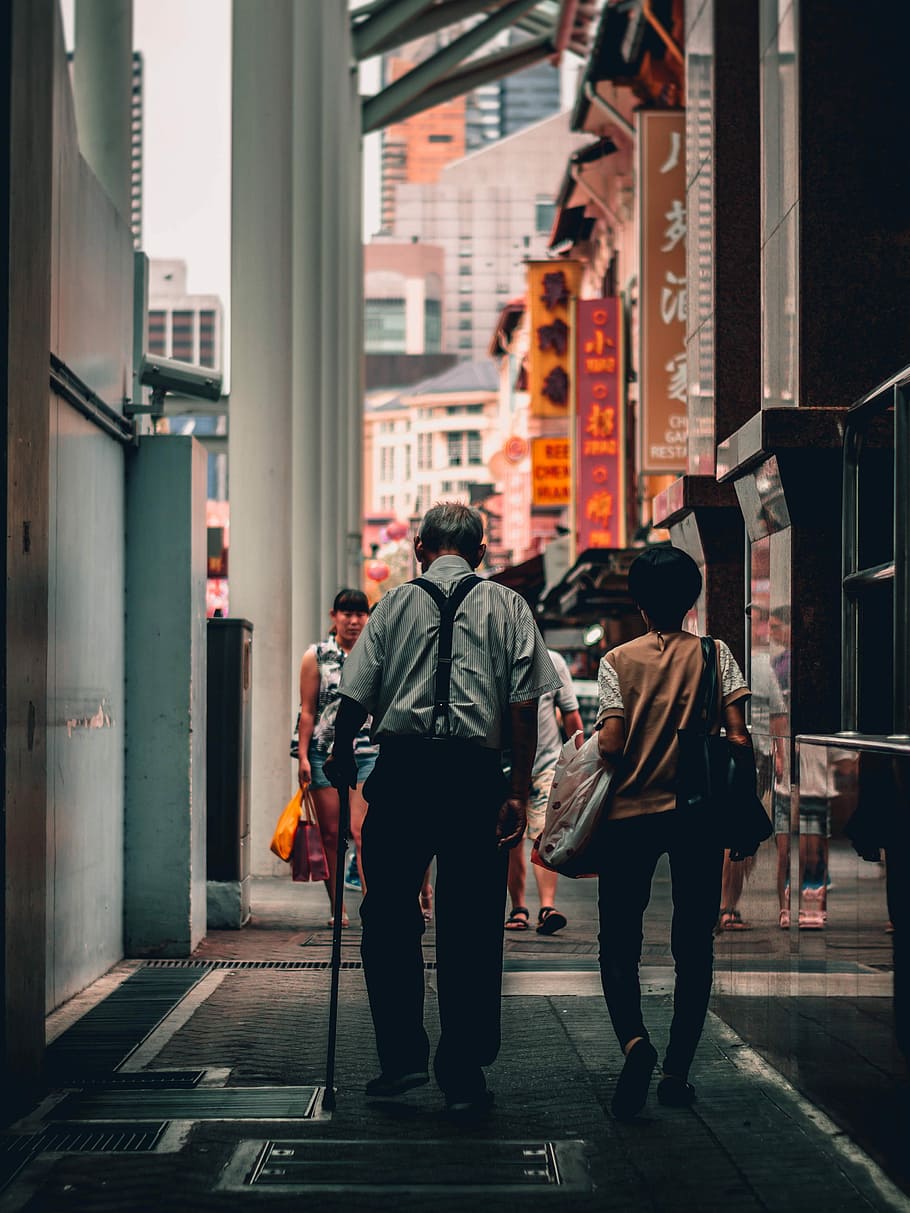 man with cane standing on street, people walking on sidewalk, HD wallpaper