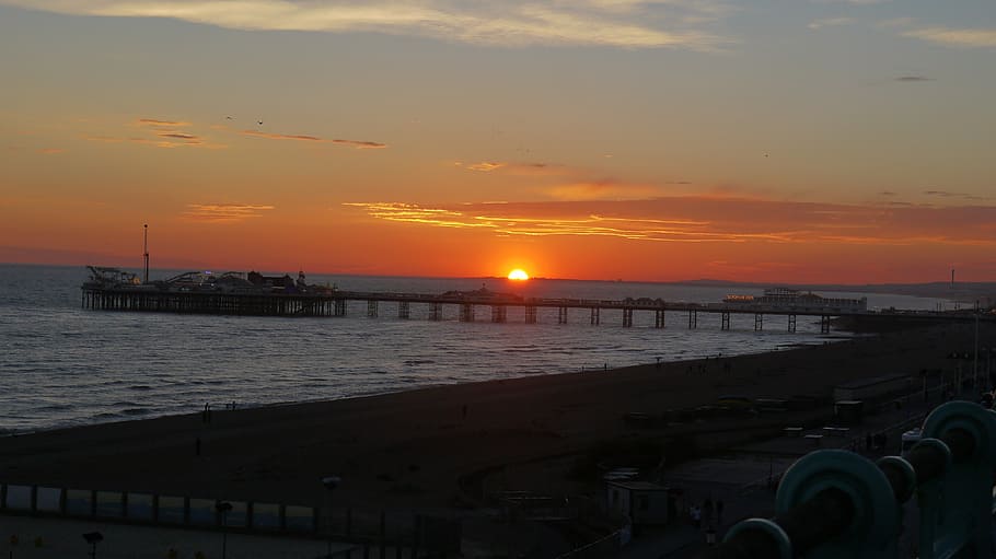 brighton, sunset, pier, ocean, sea, beach, seascape, sky, water HD wallpaper