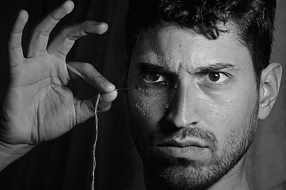 man holding thread, wire, needle, couture, men, people, human Face HD wallpaper