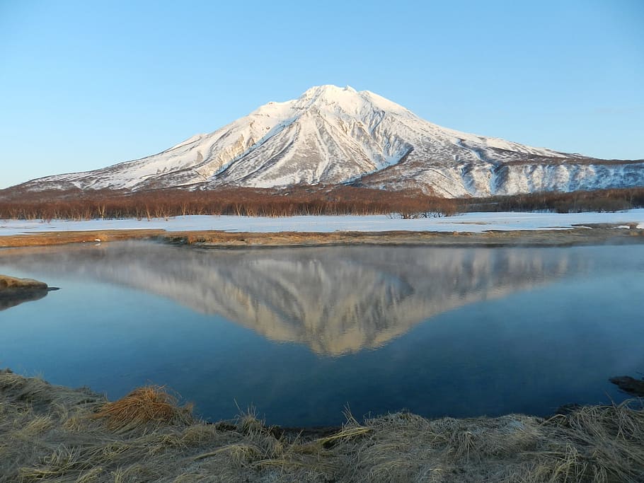 volcano, lake, river, reflection, mountains, landscape, nature, HD wallpaper