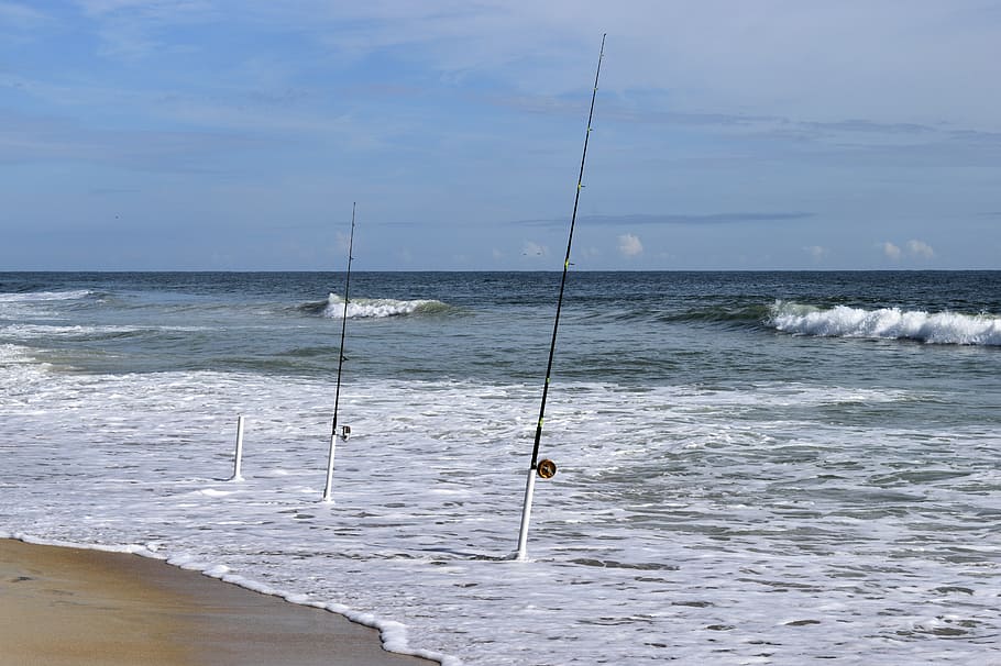 HD wallpaper: surf fishing, ocean, waves, beach, fishing rods, reels,  equipment