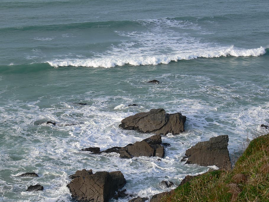 cornish, sea, landscape, water, motion, wave, sport, rock, beauty in nature HD wallpaper