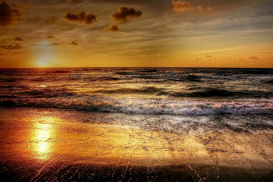 body of water over the horizon, sunset, sea, denmark, abendstimmung, HD wallpaper
