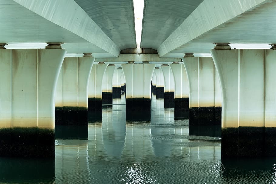 perspective, bridge, building, water, girder, construction HD wallpaper