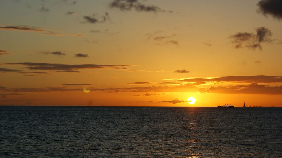 sunset, dawn, water, sea, hawaii, oahu, honolulu, waikiki, ocean, HD wallpaper