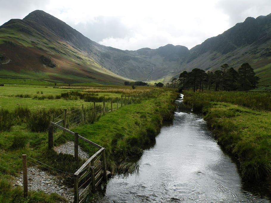 in distance green mountains, stream, landscape, greenery, nature HD wallpaper