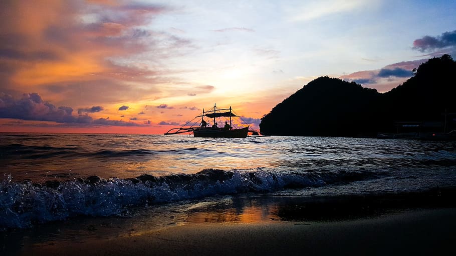 boat on water near mountain during sunset, beach, sil, blue HD wallpaper