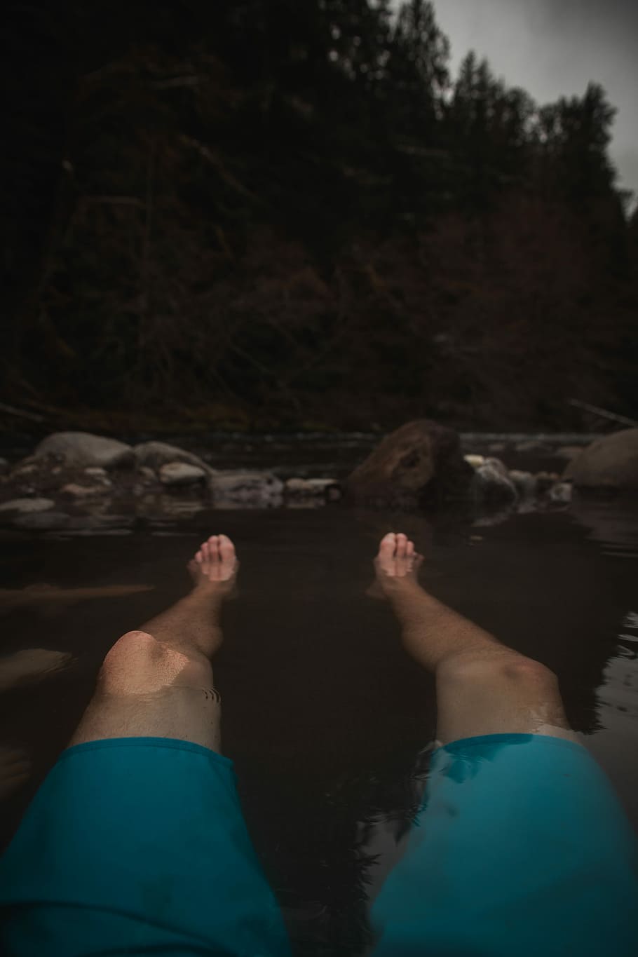 person in body of water, forest, tree, hot spring, feet, swim trunk, HD wallpaper