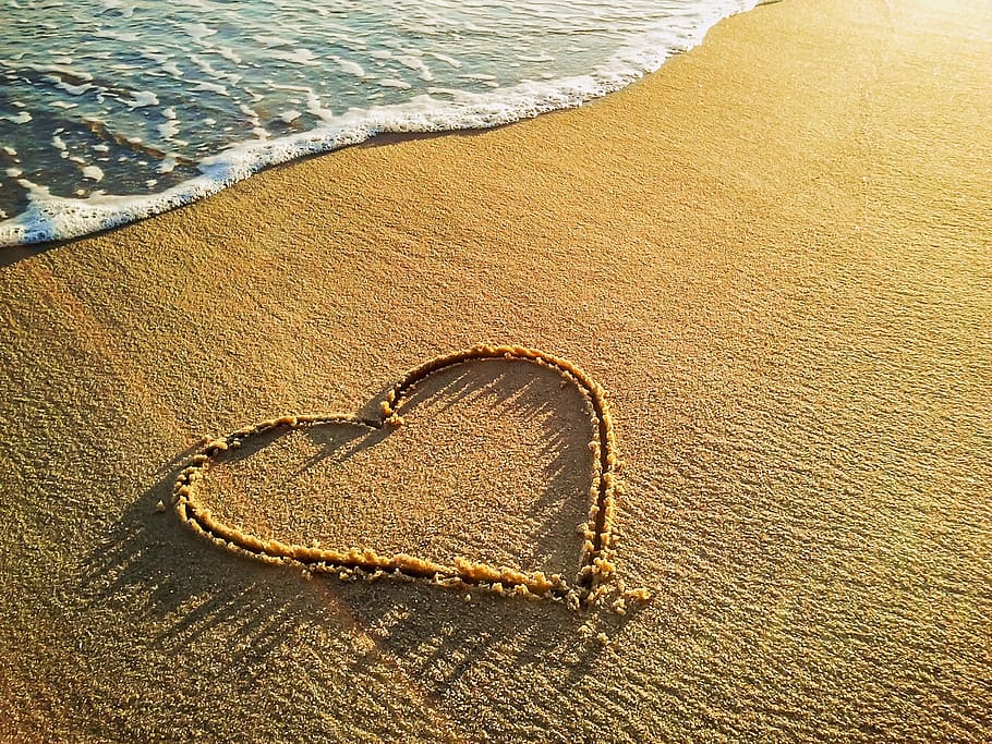 heart-shaped sand drawing near sea, love, beach, wave, water