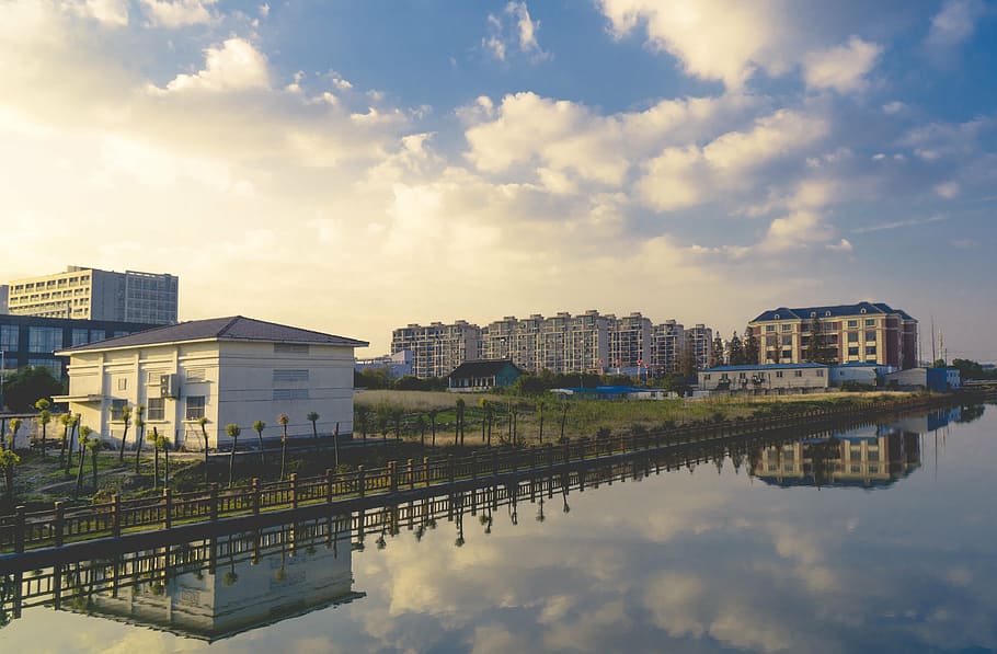 building, sky, cloud, blue, landscape, scene, reflection, day HD wallpaper