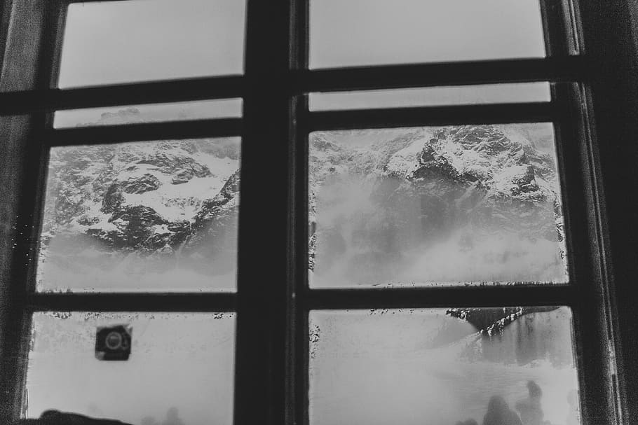 grayscale photo of windows, snow capped mountain outside window HD wallpaper