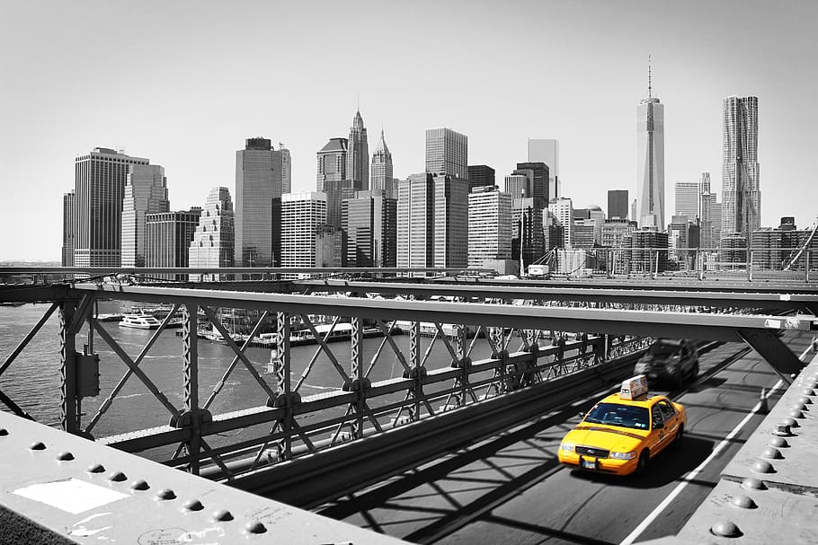 selective color photo of yellow car on bridge, taxi, ny, new york, HD wallpaper