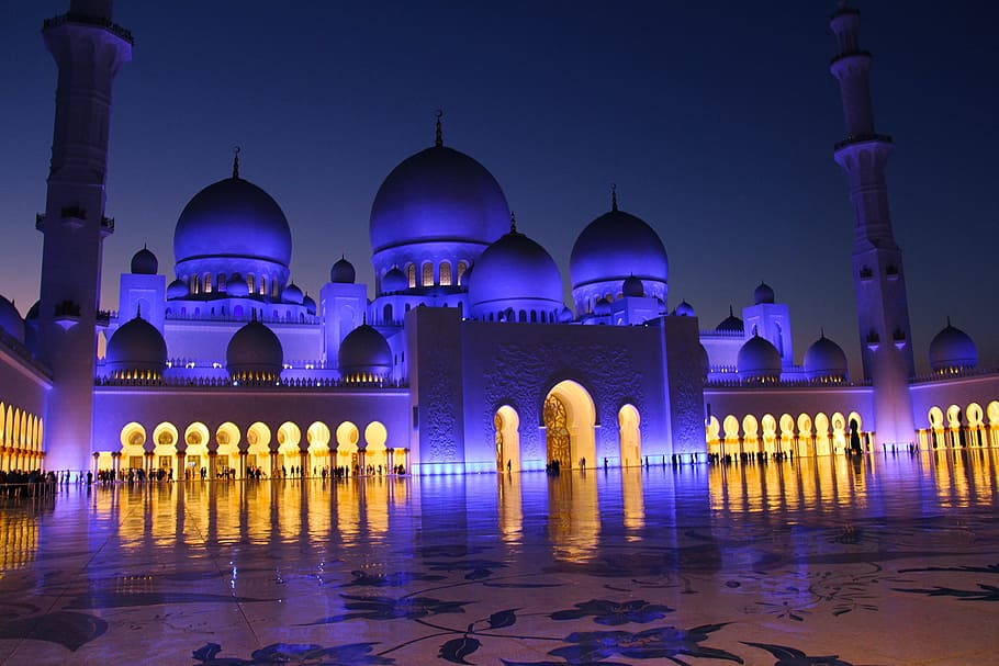 night, view, evening, pray, muslim, amazing, sheikh zayed grand mosque, HD wallpaper