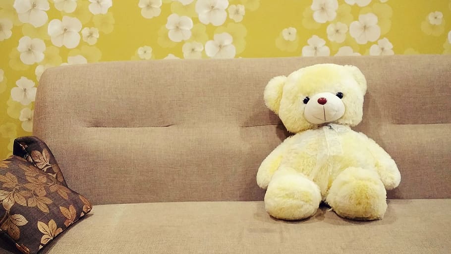 white bear plush toy on brown fabric sofa, baby toy, cushion, HD wallpaper