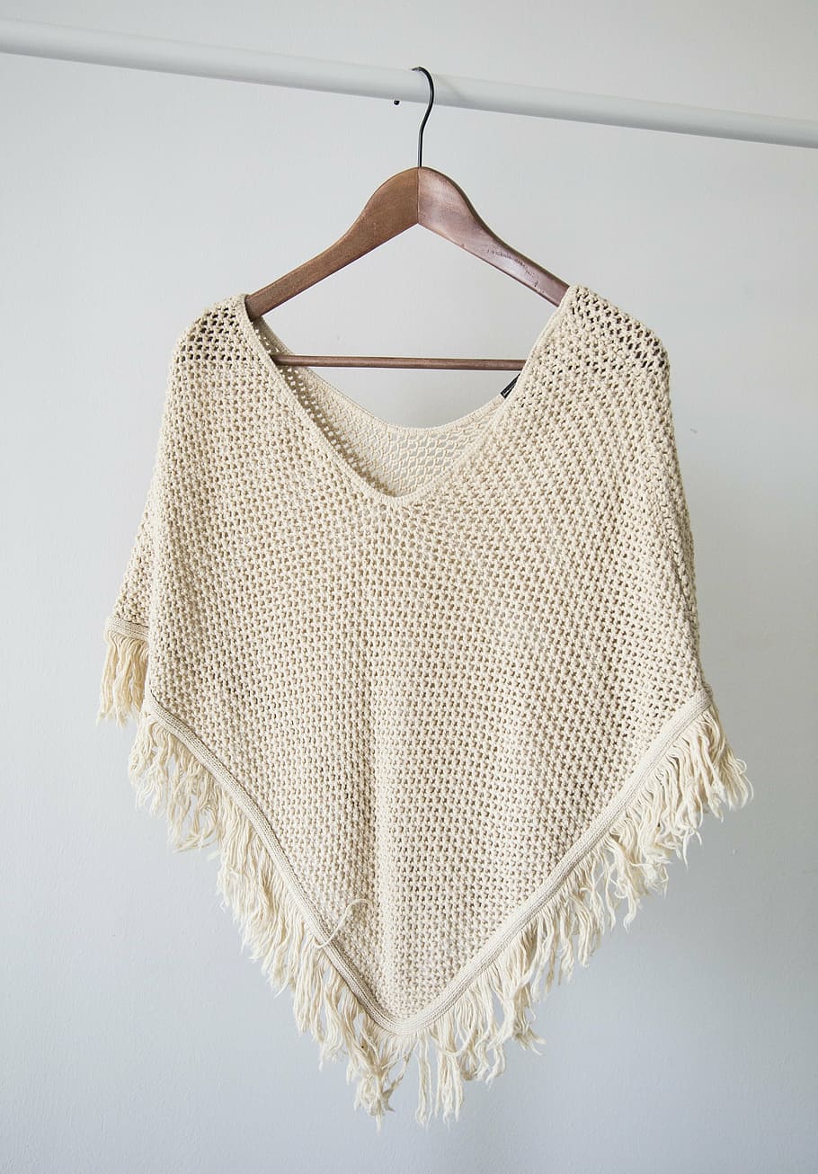 beige knitted poncho with clothes hanger, white, fringe, v, neck, HD wallpaper