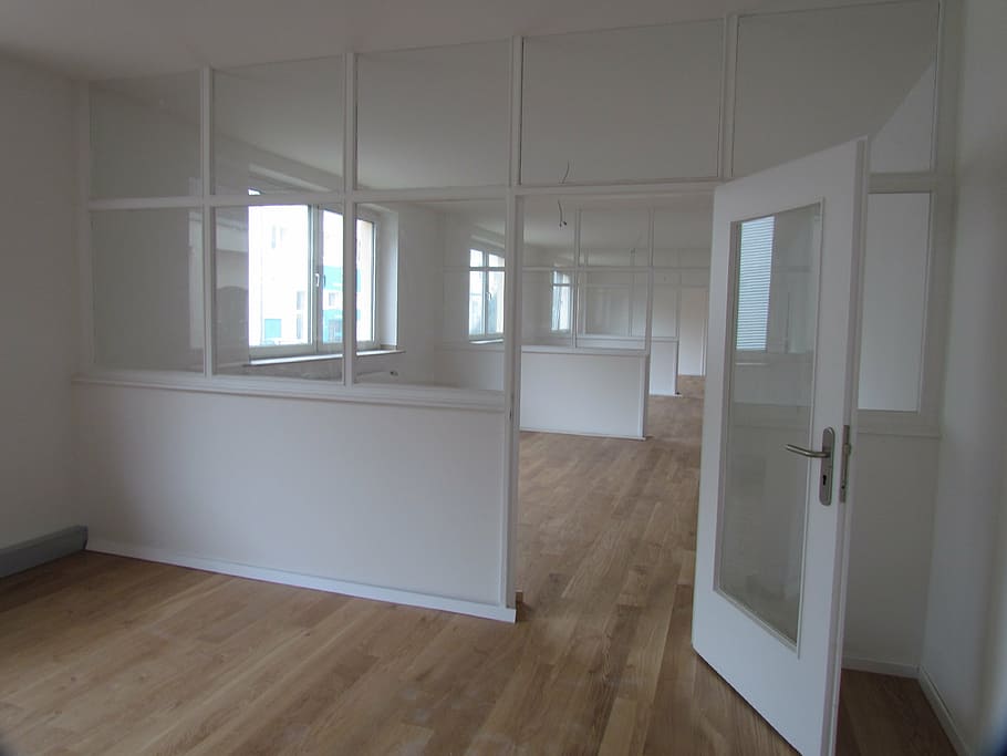 white wooden framed glass door opened, office, window, space, HD wallpaper