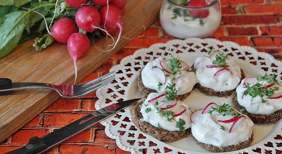 photo of baked dish with spread toppings, quark, herbs, herb quark HD wallpaper