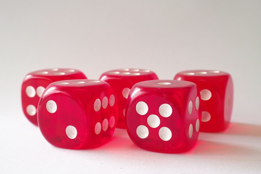 five red and white dices on white surface, cubes, game, play, HD wallpaper
