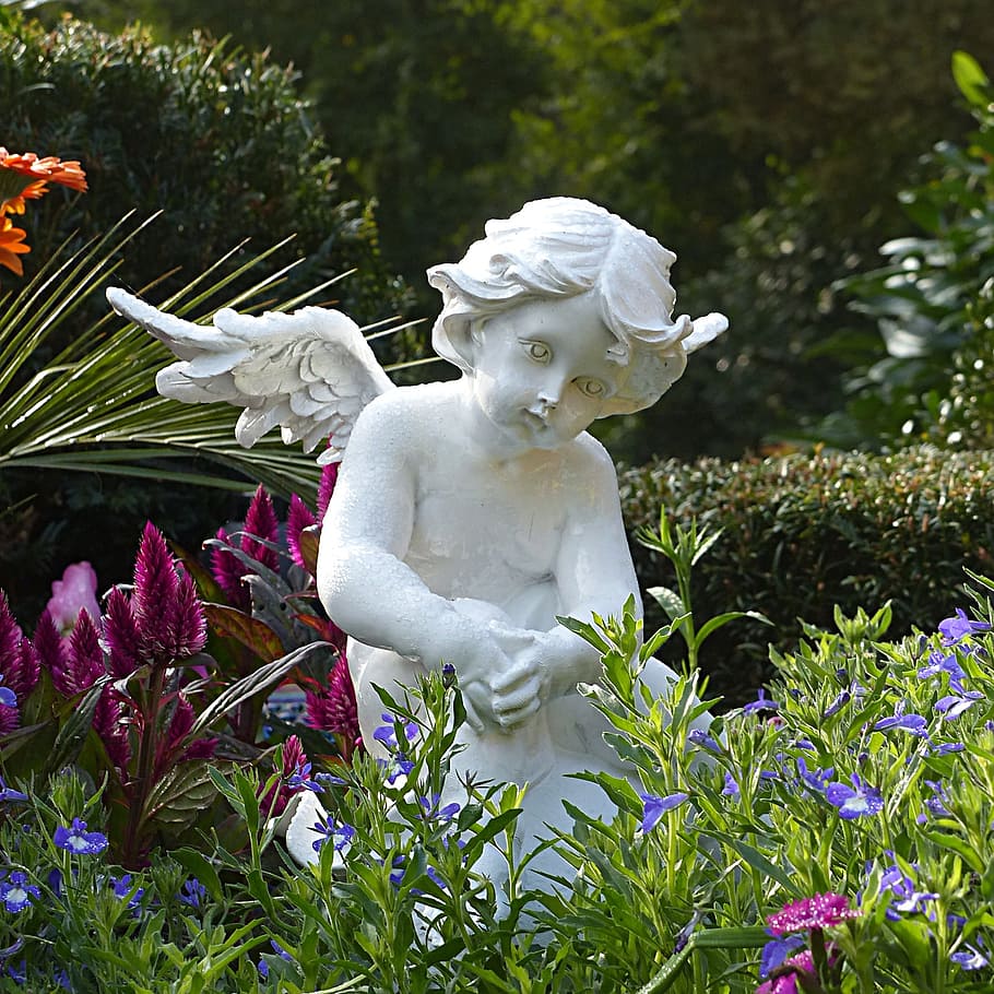 cherub figurine, angel, figure, sitting, cemetery, representation, HD wallpaper