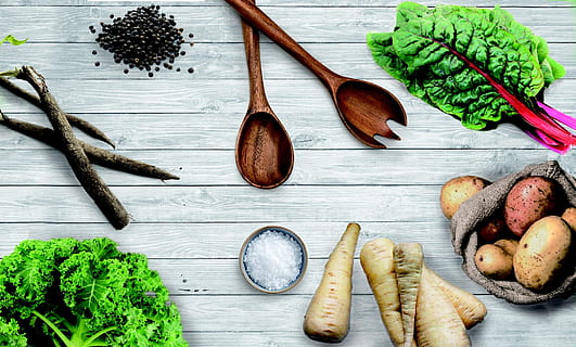 pair of brown ladle and sliced vegetables, spices, wooden, chard HD wallpaper