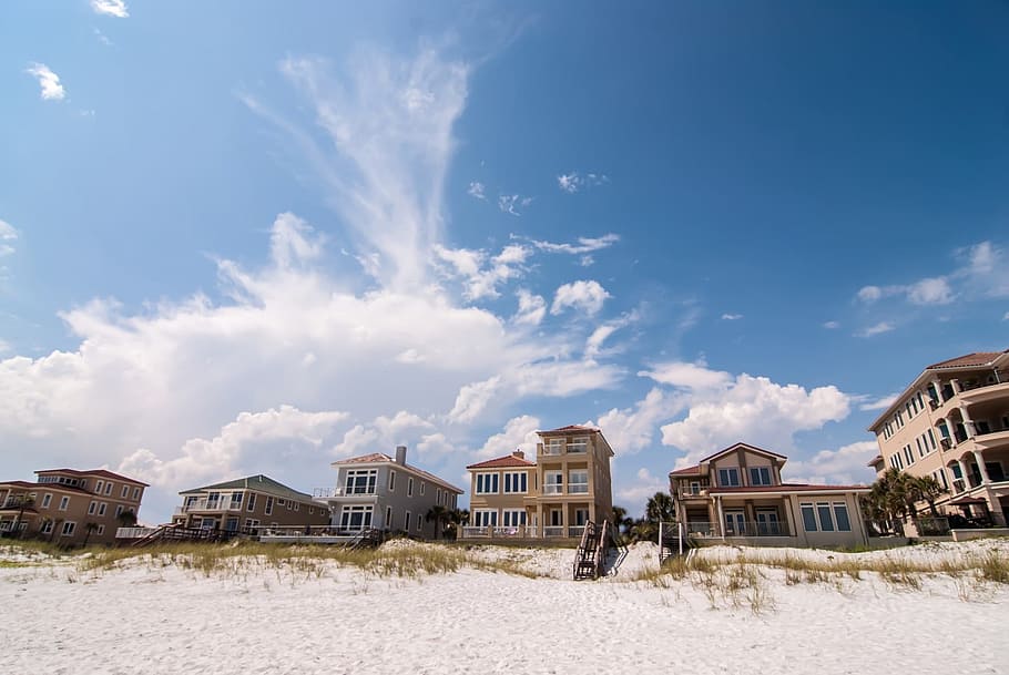 six assorted-color buildings near seashore, Clear, Clouds, Condominiums HD wallpaper