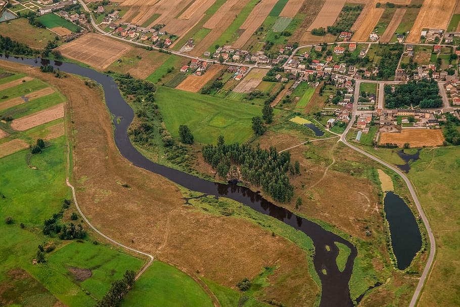 river, landscape, nature, green, poland, band, forest, aerial photo HD wallpaper