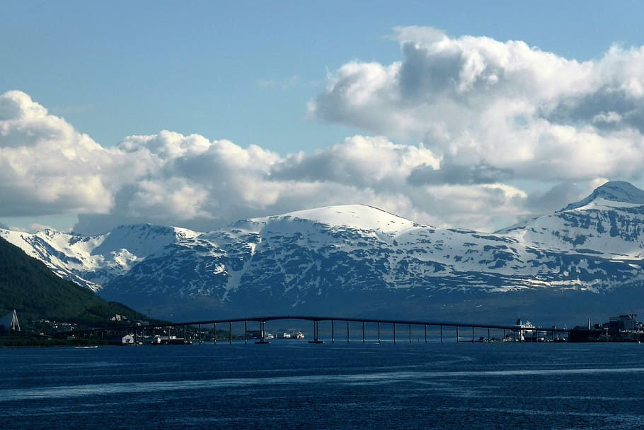 Fjord, Sea, Bridge, Clouds, Norway, snow, mountain, cold temperature HD wallpaper