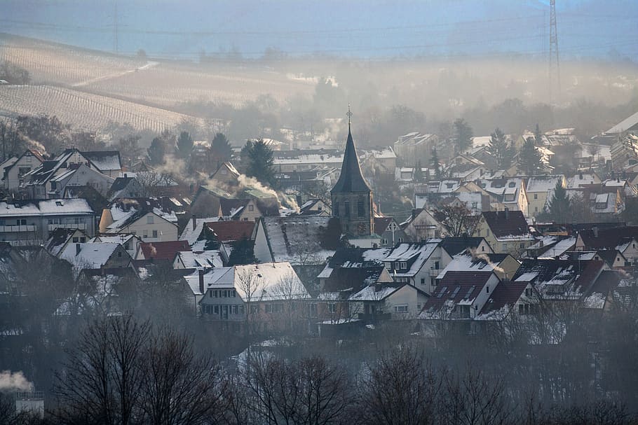 view, waiblingen, cold, winter, fog, wintry, architecture, building exterior HD wallpaper