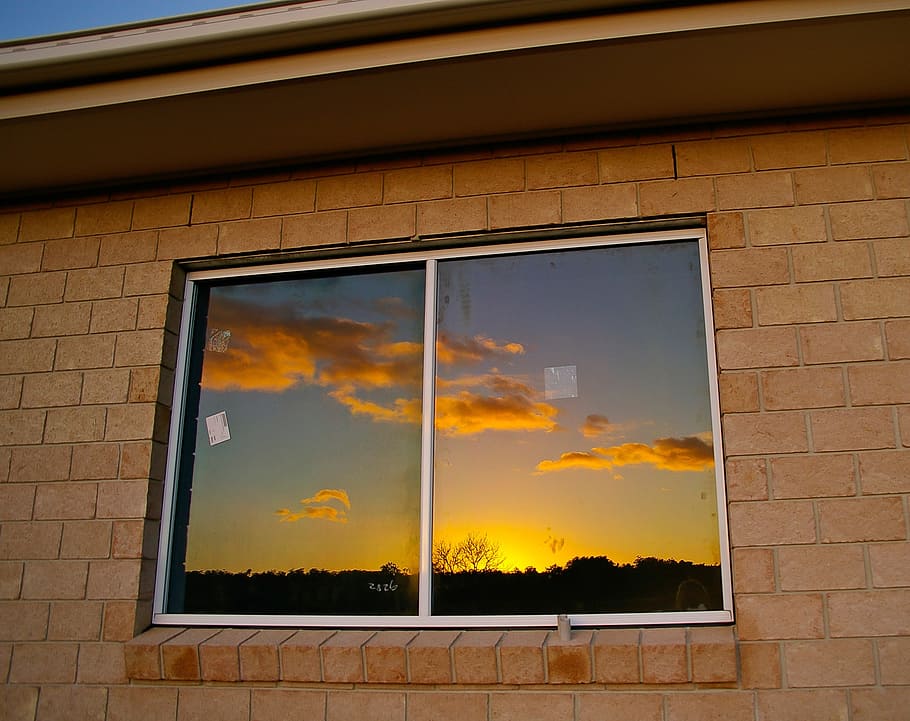 window, reflection, sky, sunset, wall, building, house, australia HD wallpaper