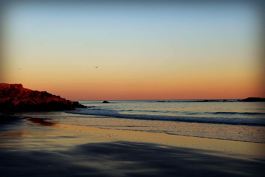 Ocean, Sunset, Beach, Maine, Landscape, horizon, orange, golden HD wallpaper