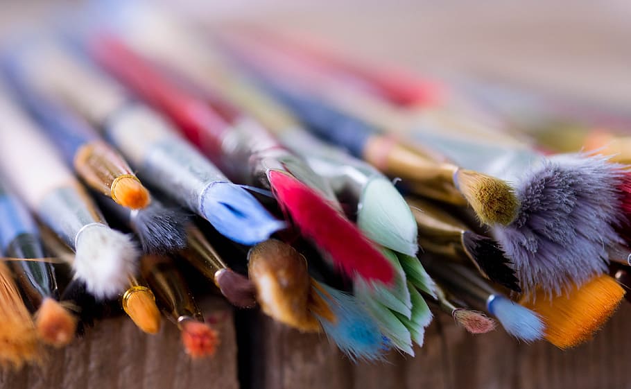 tilt photography of piled paintbrushes, artistic, creative, painting