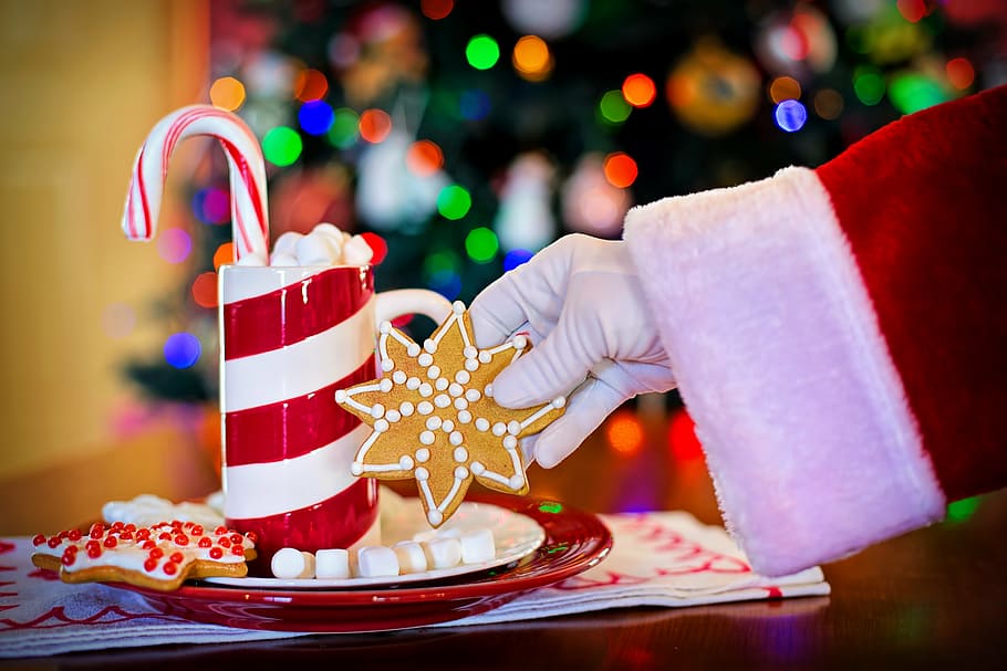 white and red ceramic on hand, santa's arm, hot chocolate, cocoa, HD wallpaper