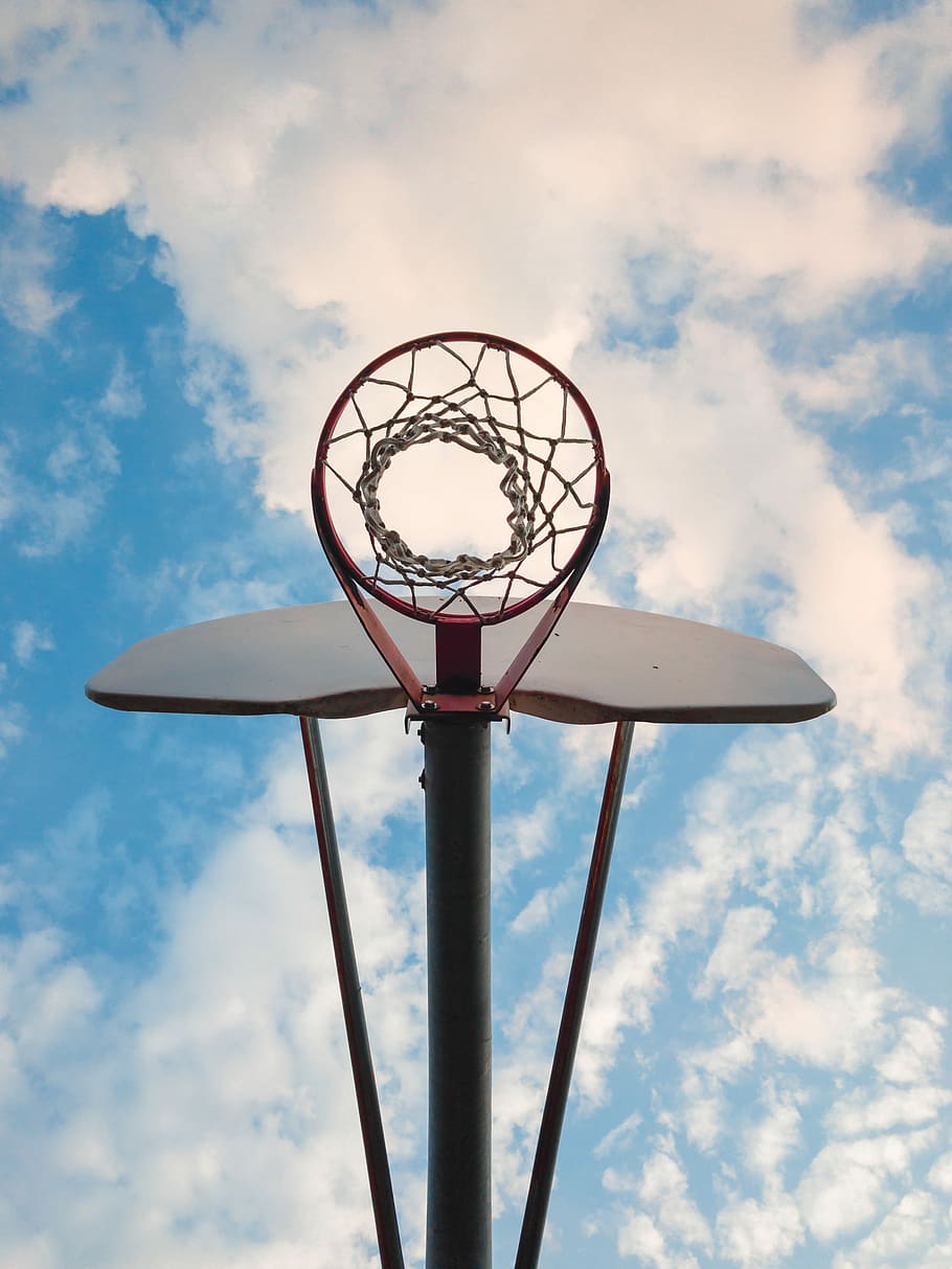 low-angle photo of red and white basketball hoop, low angle photography of basketball ring, HD wallpaper
