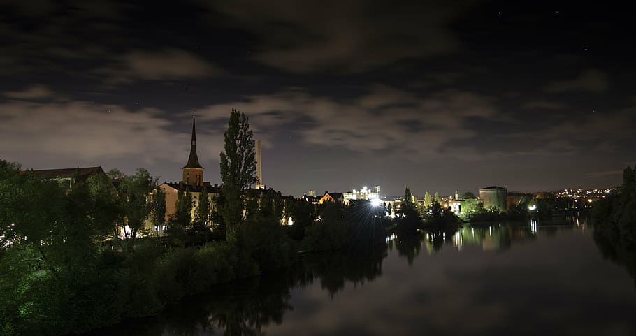 river, main, night, cityscape, germany, frankfurt, reflection HD wallpaper