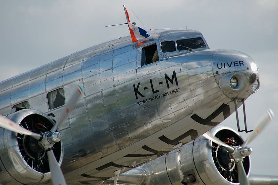 silver KLM plane, transport, aircraft, uiver, airshow, motor, HD wallpaper