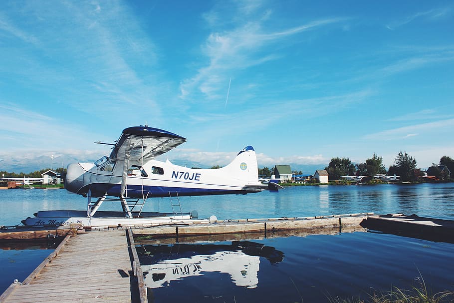 blue, sky, clouds, sea, water, lake, seaplane, sunny, summer HD wallpaper