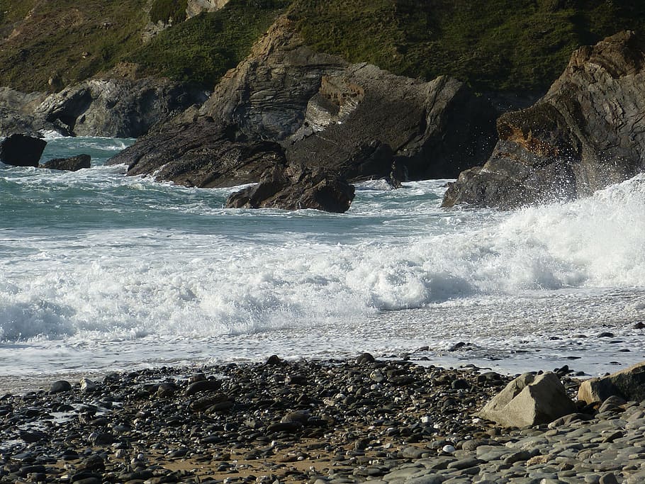 rocks, coastline, cornwall, sea, wave, shore, high tide, low tide HD wallpaper