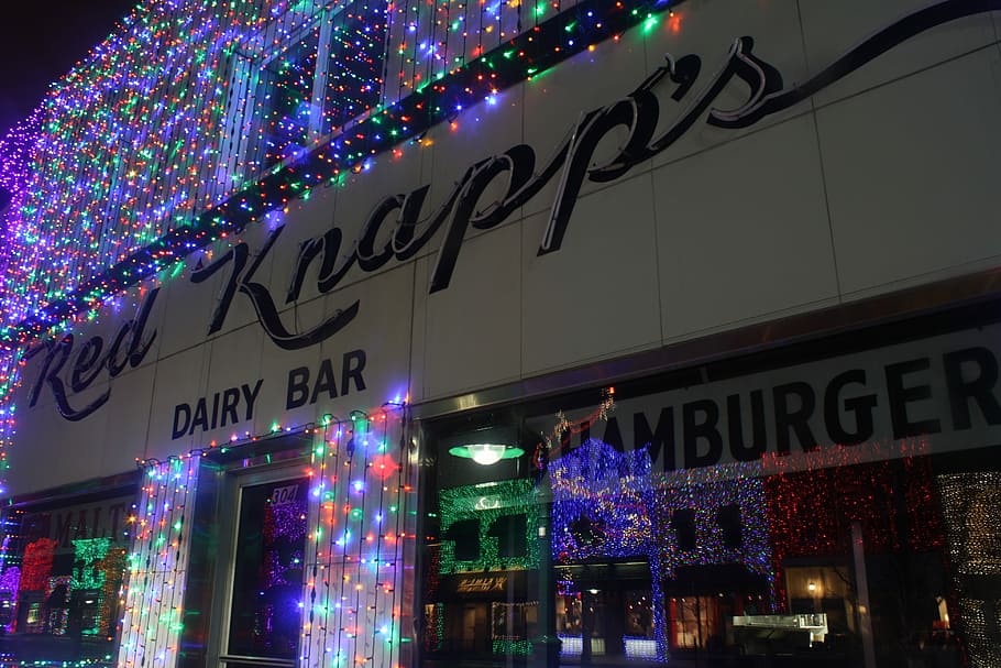 Reflection, Lights, Diner, Christmas, text, neon, western script HD wallpaper