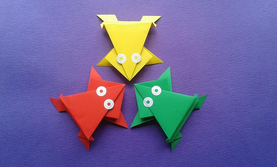 green, red, and yellow frog papers, origami, creativity, art and craft HD wallpaper