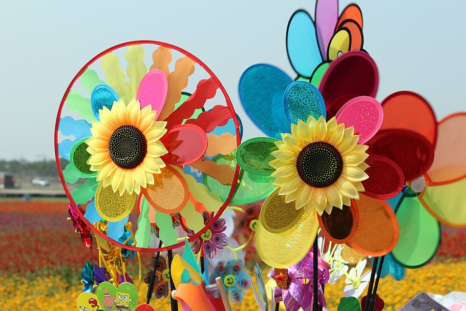 flying car, sunflower, color, multi colored, pinwheel toy, art and craft