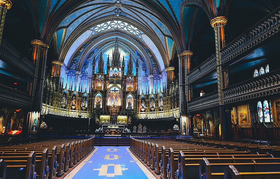 cathedral interior with blue and purple ceiling, church, religion HD wallpaper