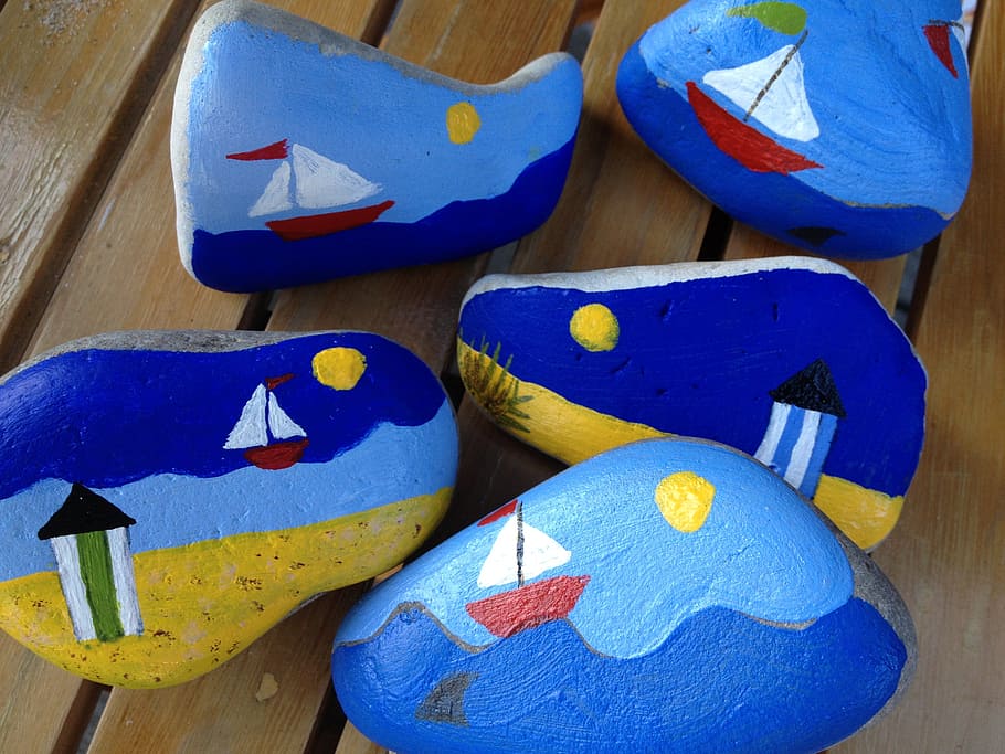 paint, rock, drawing, painted, stone, play, summertime, boat HD wallpaper