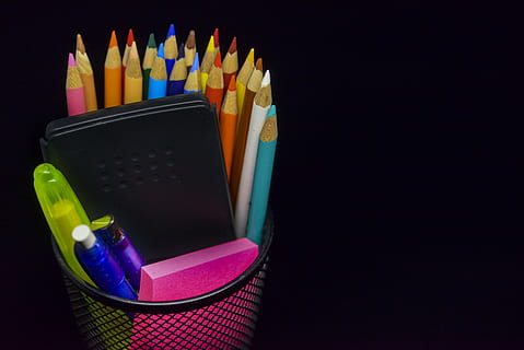 assorted-color color pencil and pen on black metal rack, teacher HD wallpaper