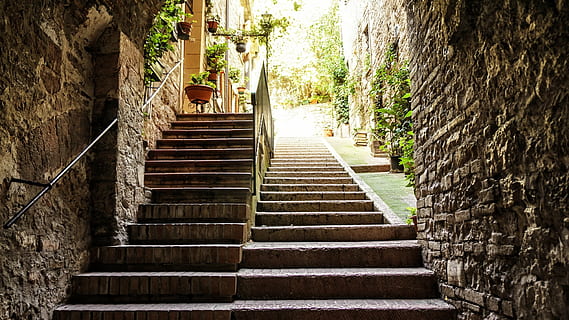 brown concrete stairs, level, away, emergence, staircase, stone HD wallpaper