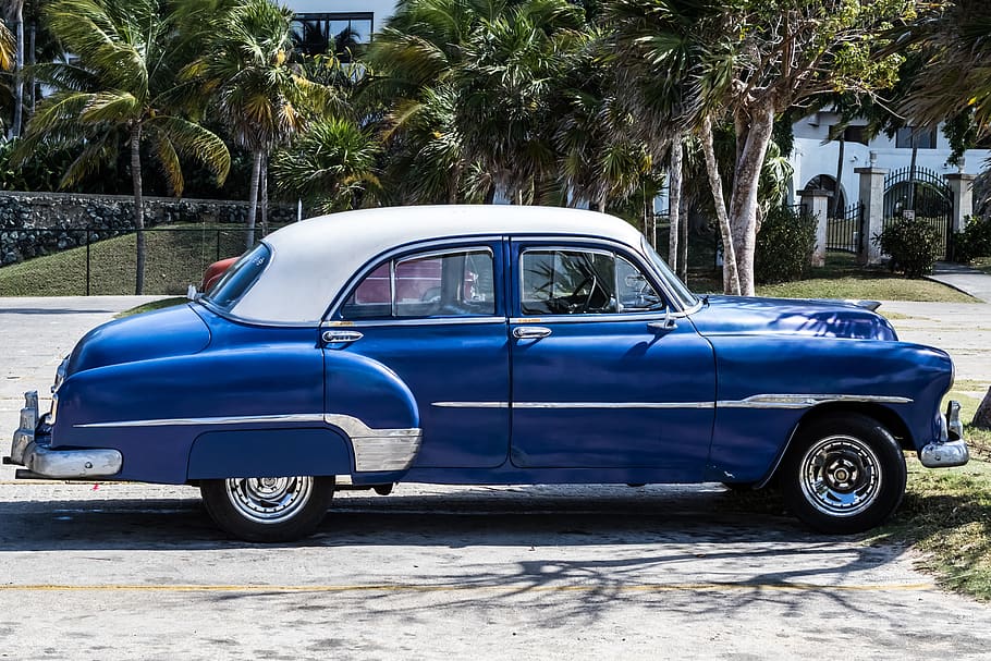 cuba, havana, almendron, taxi, blue and white, motor vehicle, HD wallpaper