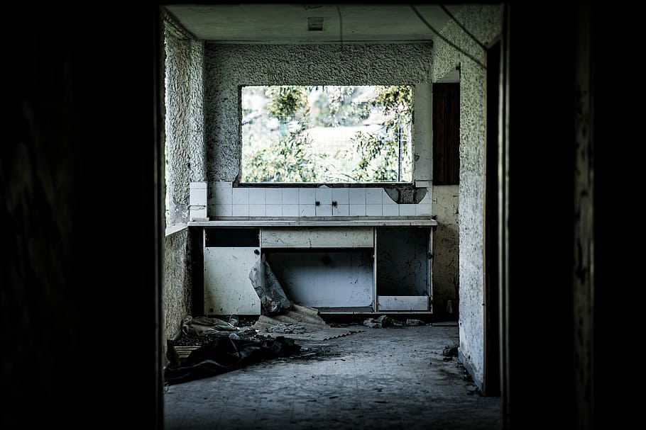 wrecked house kitchen, abandoned kitchen, structure, desolate HD wallpaper