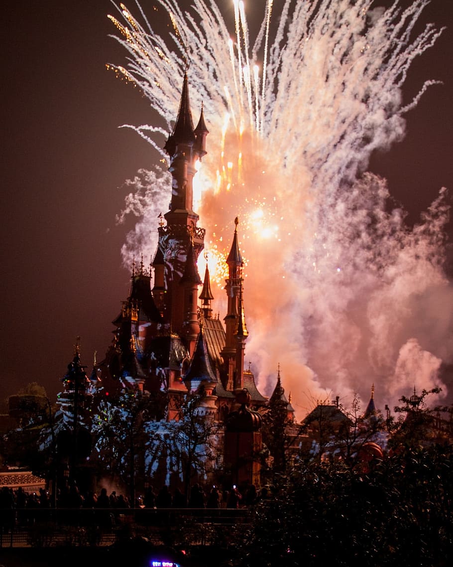 Disneyland fireworks display, Magic, Castle, Paris, France, fantasy, HD wallpaper