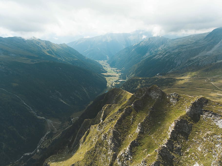 top view of mountain during daytime, aerial photography of mountain HD wallpaper
