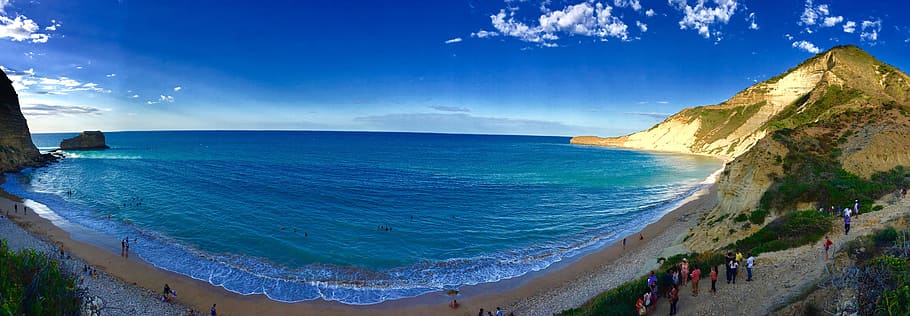 beach, sea, landscape, panoramic, horizon, view, sky, clouds HD wallpaper