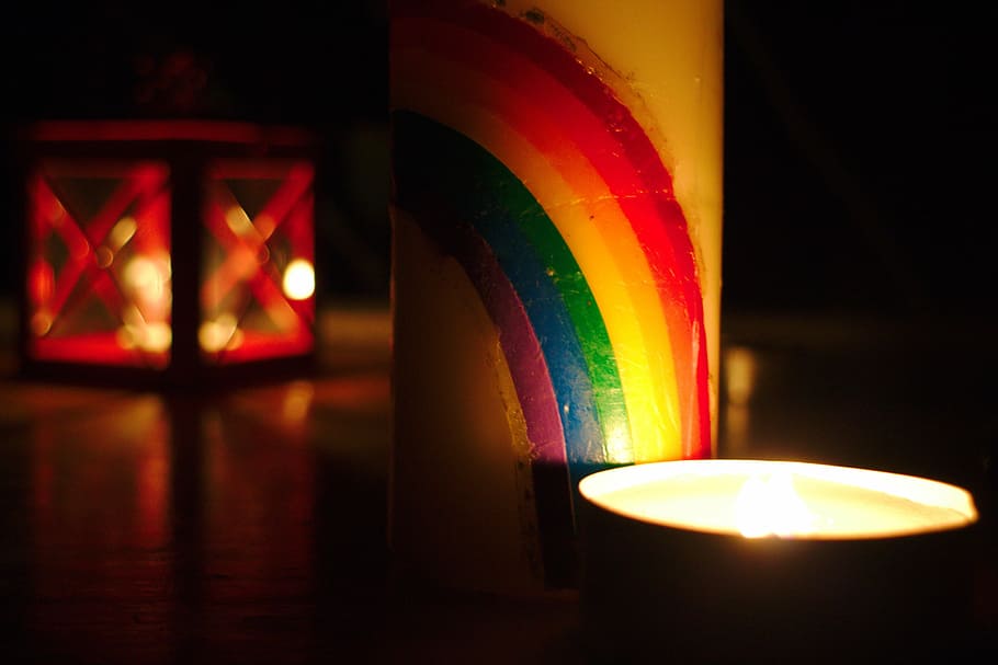 yellow and green decorative bottle, light, candle, night, rainbow HD wallpaper